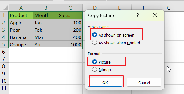 How to Copy and Paste Range or Chart object as Picture in Excel 3.png