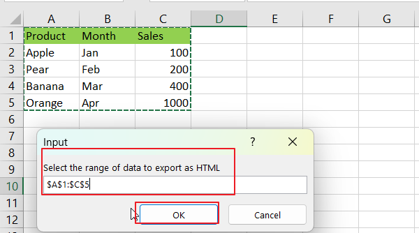 vba to export a range of data to HTML or web page file in Excel 3.png